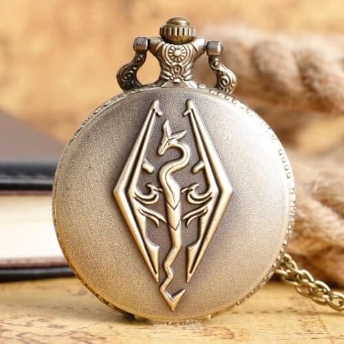 Bronze Hot Game Style Pocket Watch Skyrim Elder Scrolls Dragon Retro Pendant Necklace Vintage Clock Christmas Gifts for Men