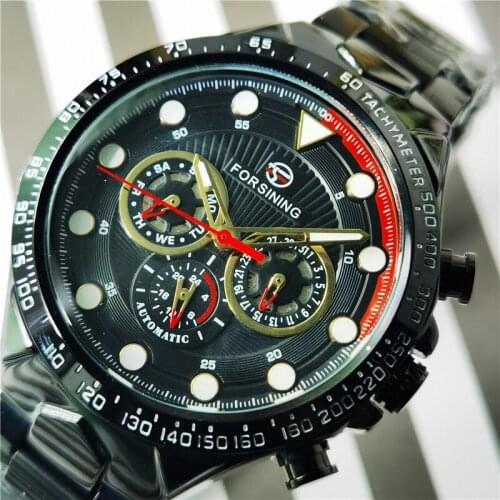 Forsining New Mens Automatic Watch Black Self-Wind Speed Car Male Date Steel Strap Military Wristwatch Mechanical Relojes Hombre