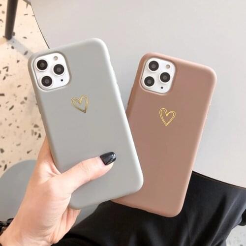 Simple Gold Love Heart Phone Case For iPhone 11 Pro Max XS Max XR X 6 7 8 Plus SE 2020 12 Mini Solid Color Soft TPU Back Cover