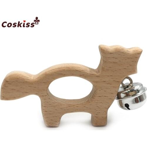 Baby Teether Bells Beech Wooden Wolf Natural Handmade Wooden Teether DIY Eco-Friendly Safe Newborns Enlightenment Toys