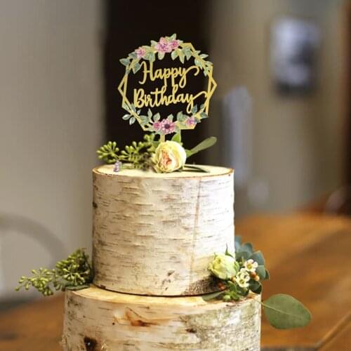 Exquisite Colored Flowers Happy Birthday Cake Topper Golden Acrylic Birthday Party Dessert Decor For Baby Shower Baking Supplies