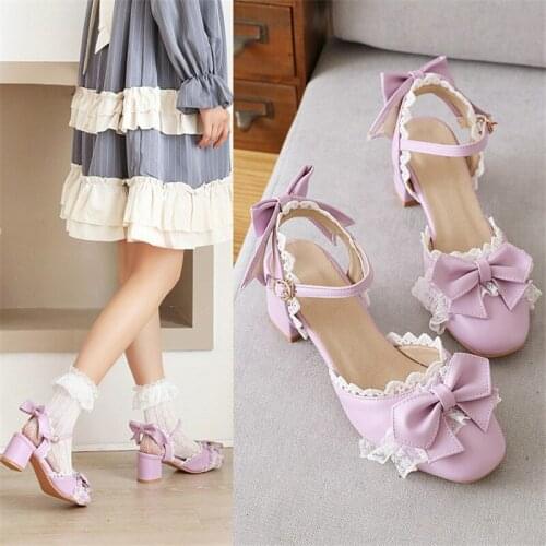 PXELENA NEW Sweet JK LO Uniform Costume Anime Girls Lolita Sandals Purple Pink Med Heels Ruffles Lace Bow Knot Shoes Women 34-48