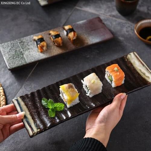 Creative Personality Rectangular Sushi Plate Japanese Cuisine Tableware Retro Ceramic Plate Long Flat Plate Dish Restaurant