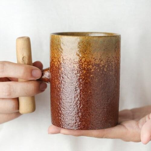 1Pcs New 260mL/300mL Vintage Crude Ceramic Coffee Mug Tumbler Rust Glaze With Wooden Handgrip Tea Milk Beer Water Cups Drinkware