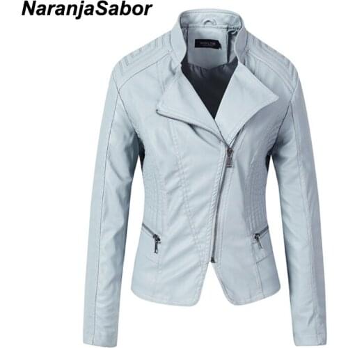 NaranjaSabor New Women Spring Autumn Motor Biker Leather Jacket Zipper Slim Short Coat Female Turn-down Collar PU Jacket NQ003