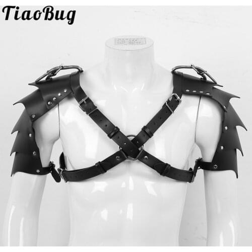 Mens Steampunk Gothic PU Leather Double Shoulder Armors Adjustable Body Chest Harness Belt for Rave Party Cosplay Halloween