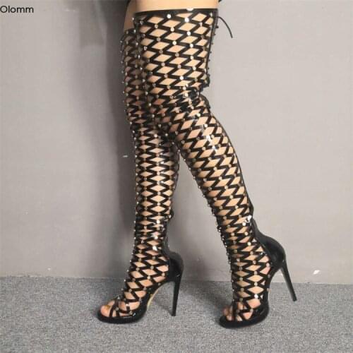 Olomm New Arrival Women Thigh High Sandals Sexy Rivets Thin High Heel Sandals Open Toe Black Dress Shoes Women US Plus Size 5-15