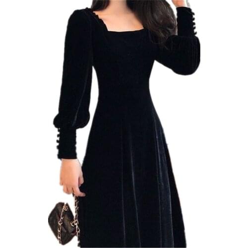 Autumn winter gold velvet dress women French retro square collar waist Office Lady Knee-Length