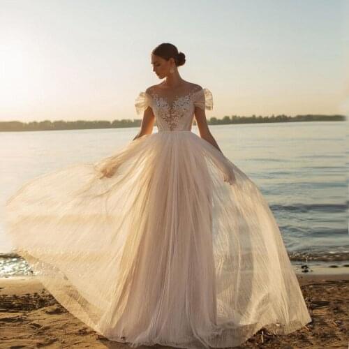 Sheer O-neck Draped Tulle Lace With Pearls A-line Beach Wedding Dress 2020 Button Back Sweep Train Tulle Bride Dress