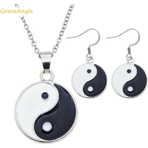 GraceAngie Necklace Earrings Set Retro Zinc Alloy Yin and Yang Life Belance Tai Chi Earrings Necklace Jewelry Set Party Wedding
