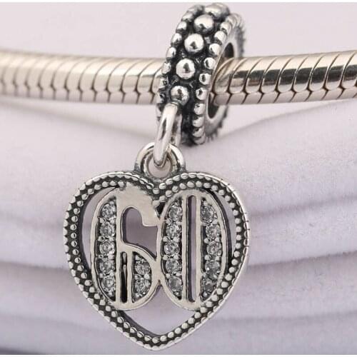 S925 Bead DIY Jewelry 60 Years of Love Dangle Charm fit Lady Bracelet Bangle Lady Gift Clear CZ