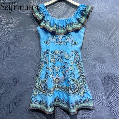 Seifrmann New 2021 Summer Women Fashion Runway Party Short Dress Sexy Slash neck High Waist Embroidery Elegant A-Line Dresses