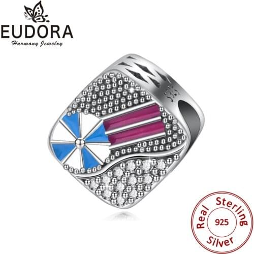 EUDORA 925 Sterling Silver Beads Beach umbrellas & rest beds Charm for Bracelet Mini Necklace For Women DIY Fine Jewelry Z100
