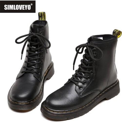 SIMLOVEYO Women Shoes Boots Ankle 2021 Autumn British Wind Genuine Leather Thick With Fur Ladies Short Boots Motorcycle Martin