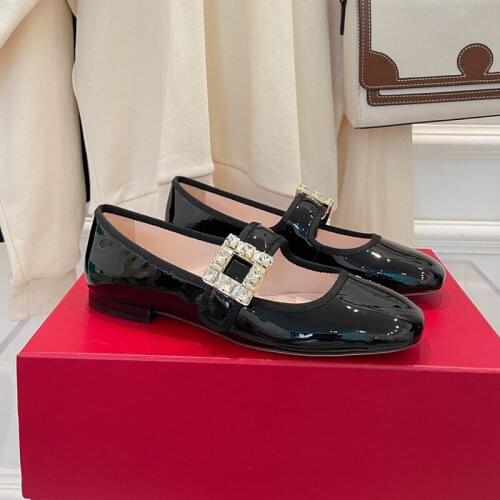 Casual Designer High Heels For Women Black Genuine Leather Round Toe Maryjans Strass Buckle Low Heels Shoes Prom Evening Pumps