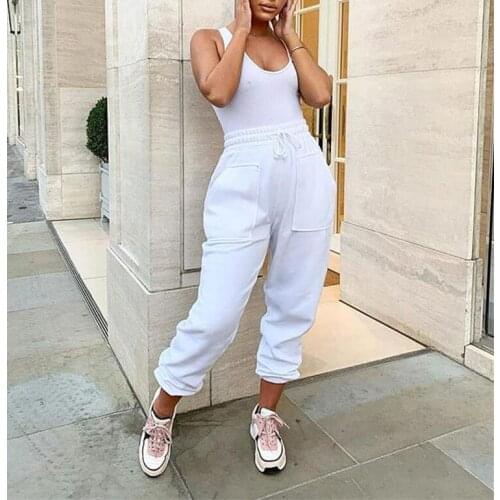 Solid Color Drawstring Sweatpants Women Sports Joggers Trousers Plus Size Female High Waist Front Pockets Sports Pants S-3XL