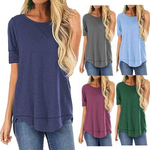 Womens Fashion Casual Solid Color Round Neck Short Sleeve T-Shirt Tops