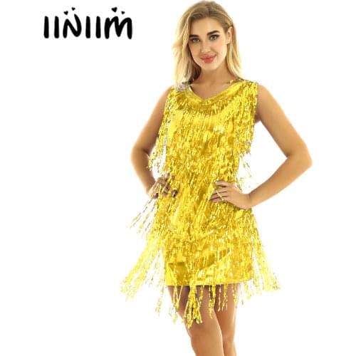 Iiniim Women Ladies Latin Dance Costumes NightClub Sparkling Sequin Tassels Ballroom Samba Tango Latin Performance Dancing Dress