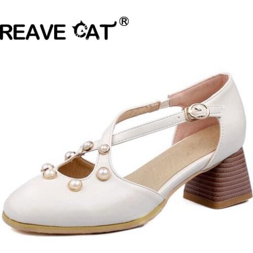 REAVE CAT New 2021 Women Pumps Square Toe 5cm Wood Heels Buckle Pearl Elegene Vintage Cross Strap Big Size 45 Casual A3815