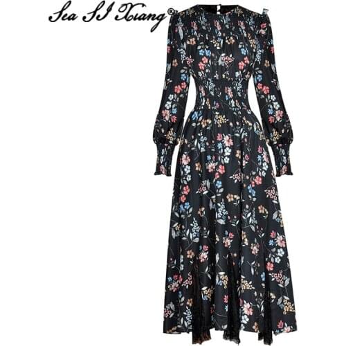 Seasixiang Designer Autumn Suit Women O-Neck Lantern Sleeve Tops + Elastic Waist Lace Patchwork Long Skirt Print Two Piece Set