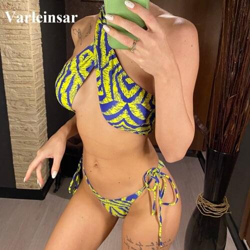 Printed Halter Bikini Female Swimsuit Women Swimwear Two-pieces Bikini set Padded Brazilian Bather Bathing Suit Swim Lady V3214