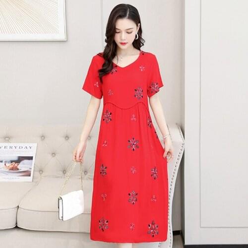 Summer Floral Embroidery Vintage Women Dress 2020 New V-Neck Women Dresses Loose Plus Size Dress Summer Clothes for Women