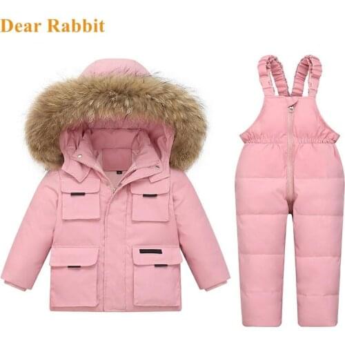 -30 degrees Winter Kids Snowsuits Girl Duck Down Jackets Coat Boy Parka Real Fur Outerwear Children Warm Overalls Baby Jumpsuit