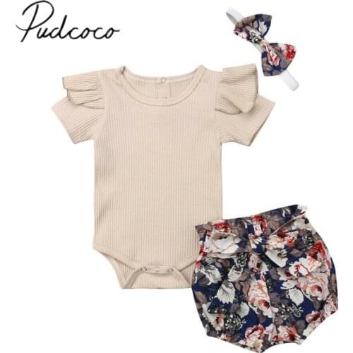 2019 Baby Summer Clothing Toddler Kids Baby Girls Flower Tops Ribbed Solid Bodysuit PP Shorts Briefs Headband 3Pcs Sets Outfits