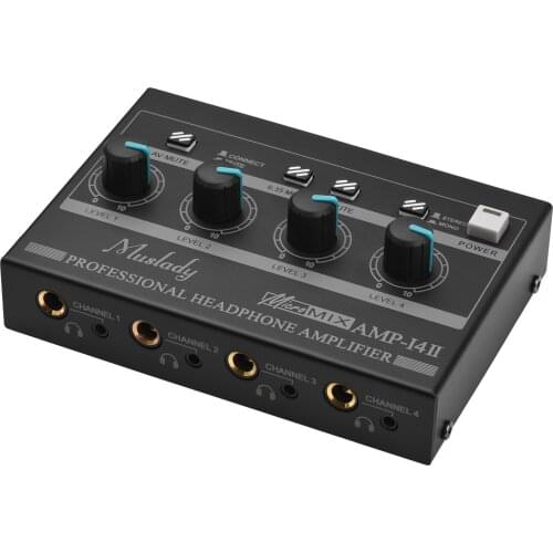 Muslady AMP-14 4-Channel Headphone Amplifier Compact Stereo Headphone Amp with RCA/6.35mm/3.5mm Input Volume Control