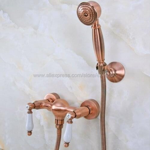 Antique Red Copper Bathroom Shower Faucet Bath Faucet Mixer Tap With Hand Shower Head Set Wall Mounted Kna299