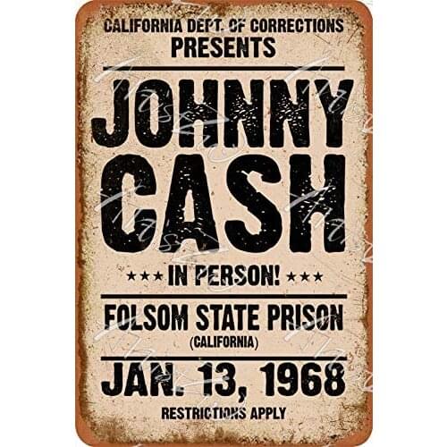 Aowotu Johnny Retro Metal Tin Sign 1968 Cash in Person Folsom State Prison Vintage Decorative Tin Sign for Bar Music Home
