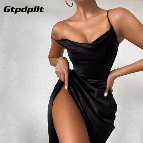 Gtpdpllt Satin Split Ruched Woman Dress Spaghetti Strap White Party Christmas Dresses Women 2021 Streetwear Split Vestidos