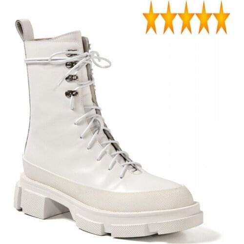 Autumn Thick Bottom Platform 2021 Women Genuine Leather Lace Up Round Toe Motorcycle Shoes Female Black White Ankle Boots