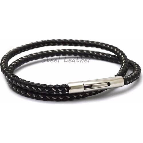 5pcs/lot engrave logo High Quality Stainless Steel Charm Stackable Layered Bracelet Leather Braided Black Bracelet for Mens