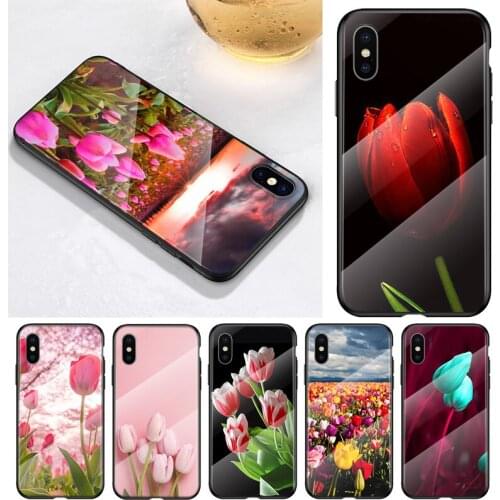 Tulips Flower Spring For Apple iPhone 12 11 8 7 6 6S XS XR SE X 2020 Pro Max Mini Plus Tempered Glass Phone Case