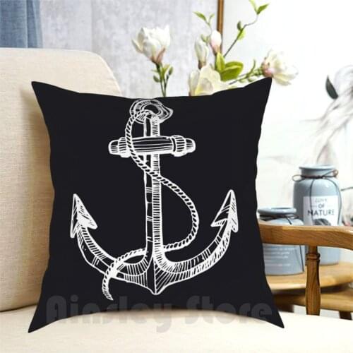 Anchor And Steering Wheel Pillow Case Printed Home Soft Throw Pillow Anchor Pattern Blue Black Hand Drawn White Marine