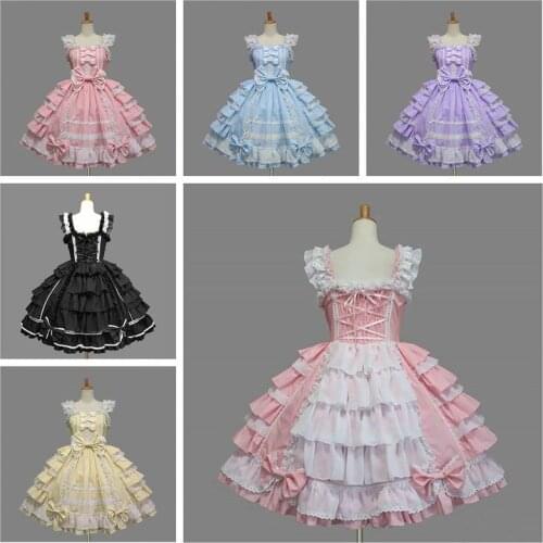 Classic Lolita Dress Girl Womens Layered Cosplay Costume Cotton Vintage Dress Rtro Dress for Girl 6 Colors Available