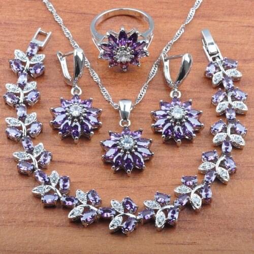 Natural Austrian Purple Crystal Jewelry Sets Wedding Silver Color Earrings And Necklace Set Pendant Rings Bracelet JS0437