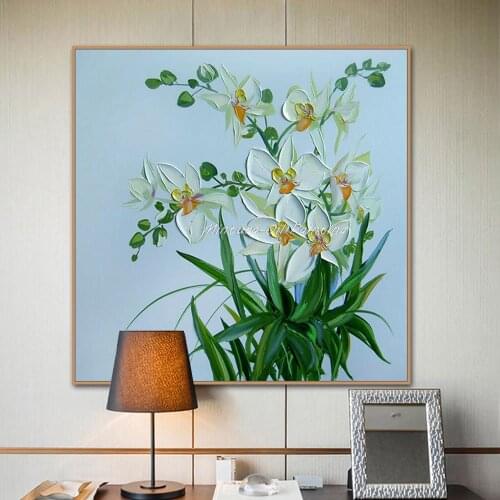 Hand-painted Modern Home Decor Living Room Hall Wall Art Picture White Flower Thick Colors Palette Knife Oil Painting On Canvas