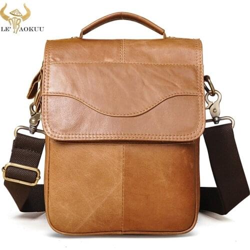 Soft Genuine Real Leather Male Fashion Tote Messenger bag Design Satchel Crossbody One Shoulder bag 8" Tablet Case For Men 144