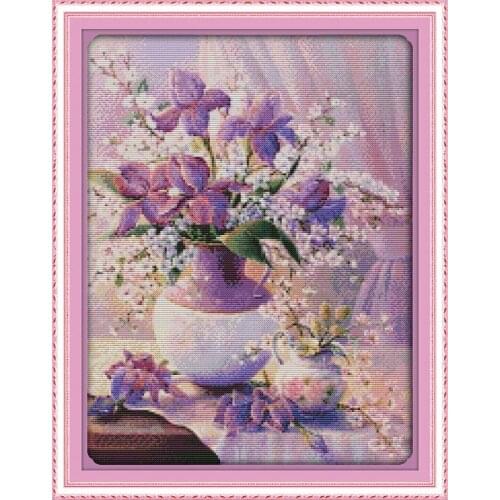 Flowers Purple Vase Cross Stitch Kits 14CT White Canvas 11CT Accurate Printed Embroidery DIY Handmade Needle Work Home Decor