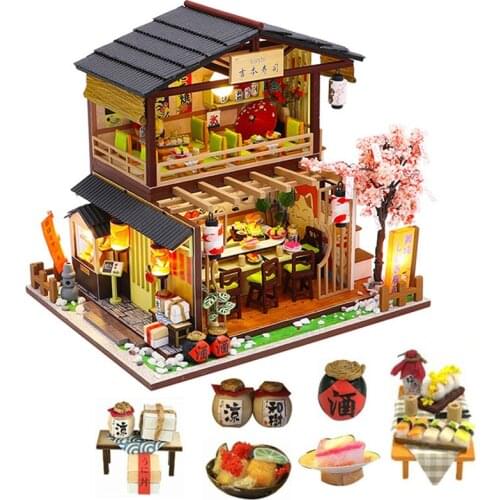 DIY Miniature Dollhouse Kit Vintage 3D Model Building Japanese Sushi Restaurant Birthday Gift Wooden Large Doll House Furniture