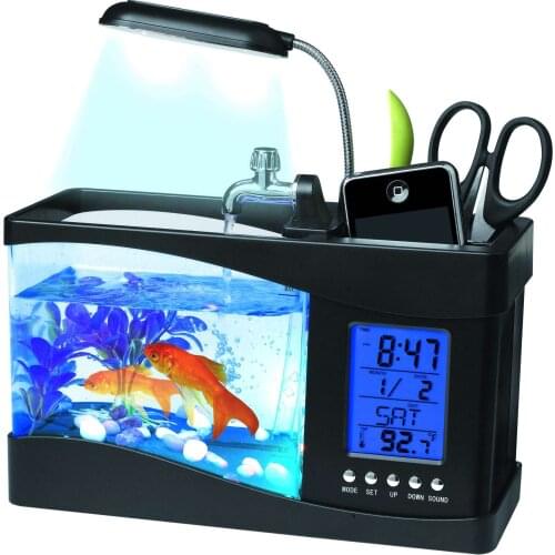 USB Aquarium Mini Desktop Fish Tank with LED Light LCD Display Screen and Clock Beta Aquarium Table Decoration