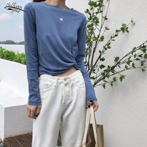 New spring long-sleeved womens T-shirt O-neck crossover short office crop top casual cotton pure white womens T-shirt 13225