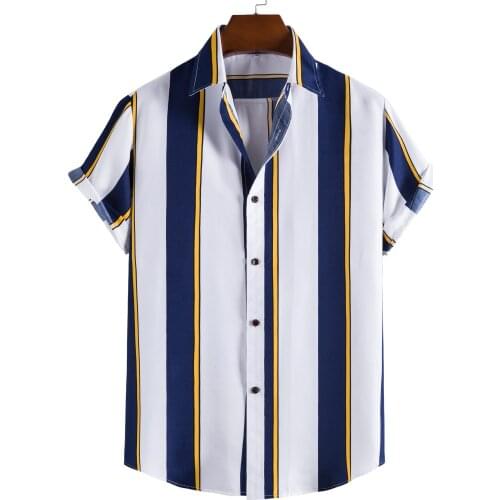 Novo de manga curta camisa casual masculina estampado listrado praia topo 2021 verão camisa masculina de manga curta tamanho eur