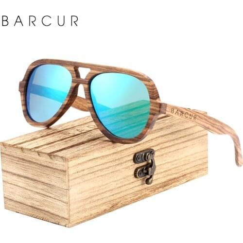 BARCUR Retro Hand Made Zebra Wood Men Sunglasses Pilot Women Wooden Polarized Sun Glasses UV400