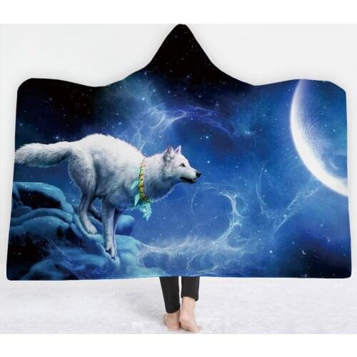 Lannidaa Wolf Moon Hooded Blanket 3D Printed Animals Hooded Throw Super Soft Micorfiber Coral Fleece Blankets For Winter Gifts