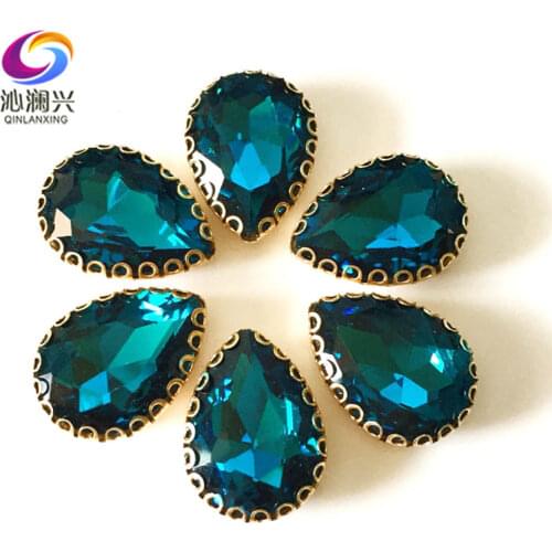 Peacock blue Drop shape top glass crystal lace claw rhinestones,golden base sew on stone for Diy/Clothing accessories HGS13