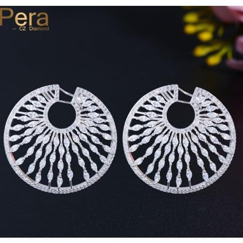 Pera Exaggerated Large Round Shape Silver 925 Pin Dangle Earrings White CZ Crystal Topaz Wedding Party Jewelry for Brides E705