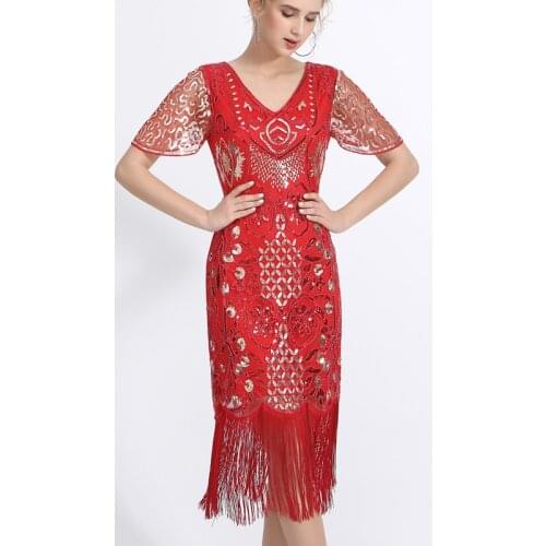 Womens Sequin Beaded Art Deco Flapper Dresses 20s Great Gatsby Party Fringe Dress V-Neck Petal Sleeve Embroidery Midi Dress
